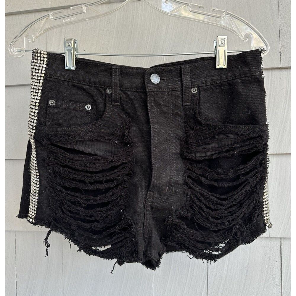 Carmar Black Frayed‎ High Waist Denim Shorts Jeans Stripe Rhinestone Bling 26